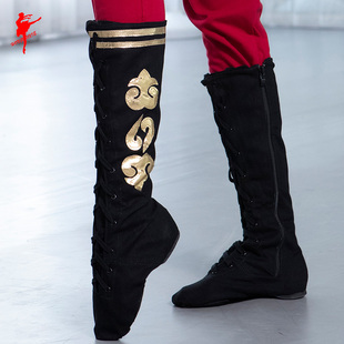 红舞鞋舞蹈靴子女蒙古侧花帆布长筒靴练功男藏族舞台民族舞表演靴