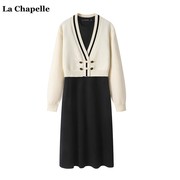 拉夏贝尔/La Chapelle秋季新中式国风针织背心裙针织衫套装女