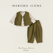 insbobo儿童套装男童，秋装新中式宝宝衣服秋季套装，复古盘扣三件套