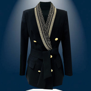 巴尔曼2023欧美高级感修身显瘦重工铆钉系带青果领中长款西装外套
