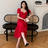 裙子女夏季红色蕾丝性感修身显瘦法式复古连衣裙高级感名媛风礼服