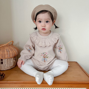 婴儿纯棉毛衣连体衣女宝宝公主，针织衫包屁衣套装，洋气百天周岁衣服