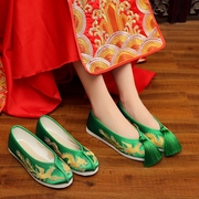 中式婚鞋子新娘结婚布鞋旗袍秀禾鞋平底龙凤鞋绿色上轿鞋红色