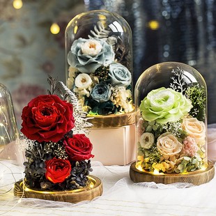 永生花礼盒玻璃罩摆件情人节送女友送闺蜜生日礼物结婚纪念玫瑰花