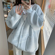 韩版奶系慵懒风宽松V领针织开衫女秋冬设计感糖果色毛衣外套