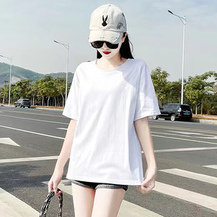 100%纯棉白色t恤女短袖，夏季中长款大码宽松五分袖上衣减龄半袖衫