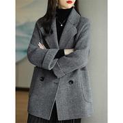 人字纹灰色西装外套女高级感2024秋冬中长款加厚双面羊绒大衣