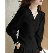 黑色泡泡袖打底衫女装，春秋冬季高级感修身内搭针织衫洋气上衣