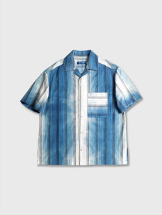 野泽复古麻植物蓝染，渐变吊染古巴领短袖衬衫，一半又蓝原创男装
