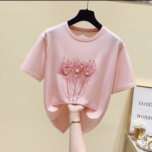 2024夏季ins潮粉色短袖T恤女装设计感欧洲站重工钉珠亮片上衣