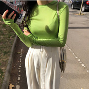 2019春夏季韩版修身百搭青草绿圆领长袖t恤女薄款打底衫上衣