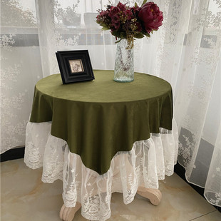 美式法式复古橄榄绿丝绒装饰蕾丝，桌布酒红金色盖布茶几孔雀蓝台布