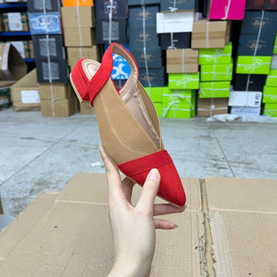 外贸原单shoes女鞋偏瘦尖头时尚拼色浅口粗跟一脚蹬单鞋包头凉鞋