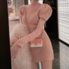 秋冬半高领泡泡袖毛线针织包臀连衣裙修身女套袖毛衣打底裙潮