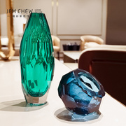 北欧水晶切面创意艺术蓝绿色干花瓶餐桌面，摆件酒店样板房展厅饰品