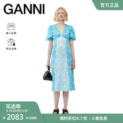ganni女装天蓝色泡泡袖，v领褶皱，丝缎礼服连衣裙f8123893