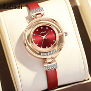 香港拉宝丽时尚全自动女士手表镶钻红色绿皮带防水时装表