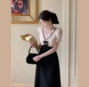 法式赫本黑色假两件连衣裙女蝴蝶设计小众高级感泡泡袖v领长裙子