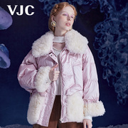 vjc威杰思秋冬女装粉色羽绒服，拼接羊羔毛保暖(毛保暖)加厚外套