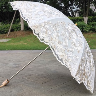 米白色高档奢华蕾丝刺绣花二折黑胶防紫外线防晒太阳伞晴雨伞洋伞