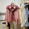 春季韩版简约大气纯色，两件套polo翻领，单排扣衬衫女针织衫披肩上衣
