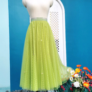 草绿色波点半身裙720度立体花朵独特裙子，森系仙气显瘦网纱a字裙