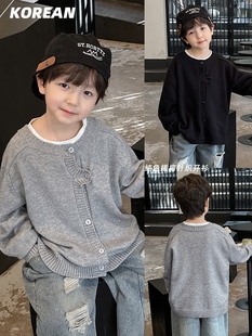 小杰家儿童春季韩版宝宝，针织开衫洋气纯色，圆领男童毛衣外套