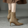 奶茶色靴子女尖头细跟秋冬款法式复古细高跟真皮软皮踝靴皮鞋短靴