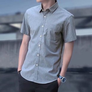 男士短袖衬衫2024夏季大码半袖纯色，休闲修身韩版潮流青年寸衣薄款