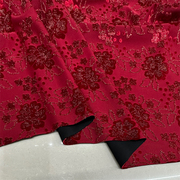 酒红色金丝绒复合蕾丝布料厚实弹力喜婆婆旗袍礼服连衣裙西装面料