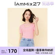 iammix27短袖套头针织衫女修身显瘦个性不对称镂空斜肩针织上衣女