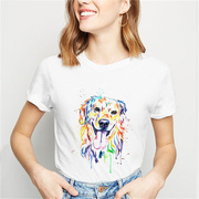 Color dog print T-shirt水墨画狗狗图案可爱卡通印花短袖T恤女
