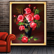纯手工十字绣成品粉红玫瑰花瓶 一见倾心 油画客厅卧室餐厅画