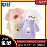 韩版童装女童小红花卡通纯棉，短袖t恤儿童夏装，洋气印花上衣薄