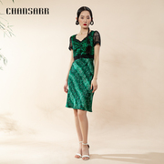 香莎chansarr复古气质，绿色拼豹纹连衣裙蕾丝，拼接中腰短袖中裙