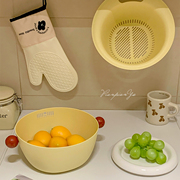 奶黄圆球把手双层纯色大号沥水篮多用途洗菜篮家用塑胶客厅水果篮