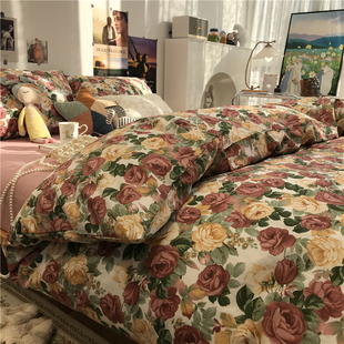 欧美复古玫瑰花田园小碎花，床上四件套全棉纯棉被套1.5m1.8三件套