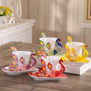 3d个性陶瓷创意孔雀骨瓷咖啡，杯碟勺情人节对杯子，欧式茶杯套装优雅