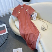 复古民国风立领对襟红色长款旗袍新中式改良温婉气质小个子连衣裙