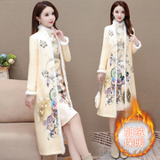 新中式改良旗袍冬季加绒加厚长款棉衣外套，女高贵气质妈妈套装裙子