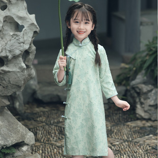 女童中国风旗袍连衣裙绿色2024春季长袖女大童，清新剪花公主裙