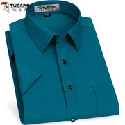 啄木鸟夏季短袖衬衫，男湖蓝纯色弹力免烫，抗皱衬衣中青年休闲爸爸装