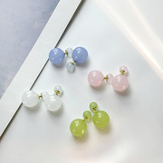 银针甜美小清新白粉蓝绿色小圆球双面戴耳环一式两戴糖果色耳钉女