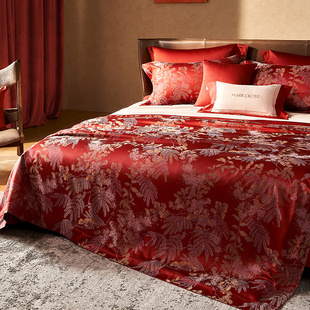 婚庆床品顶奢200S全棉长绒棉四件套纯棉提花被套宽边被罩红色床单