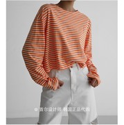 PAPERMOON 韩国2023年春女装 圆领宽松短款长袖条纹T恤棉上衣