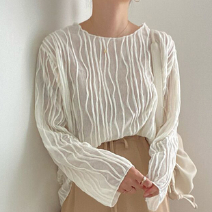 韩国chic气质优雅圆领立体纹理设计感宽松百搭微透长袖衬衫上衣女