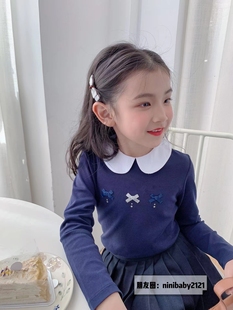 日本皇室 2023春夏儿童女童娃娃领蝴蝶结贴钻藏青长袖打底衫T恤