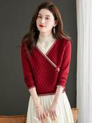 半高领毛衣女款2023冬季假两件针织上衣本命年红色羊毛打底衫