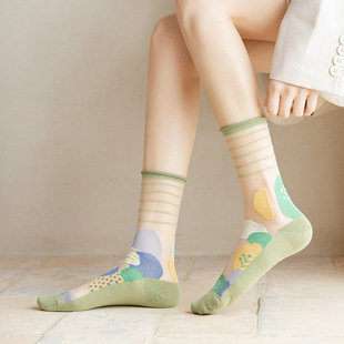 夏季袜子 女袜 彩色丝袜女薄款AB不对称玻璃卡丝潮袜中筒袜