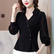 黑色雪纺衬衫女长袖秋季2023设计感气质，上衣时尚洋气时髦小衫